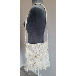Boutique Macrame Boho White Crochet Shoulder Crossbody Bag with Fringe